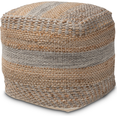 Grange Pouf Ottoman in Handwoven Natural & Gray Hemp Fabric