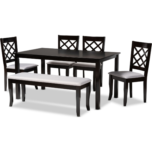 Andor 6 Piece Dining Set in Gray Fabric & Dark Brown Finish