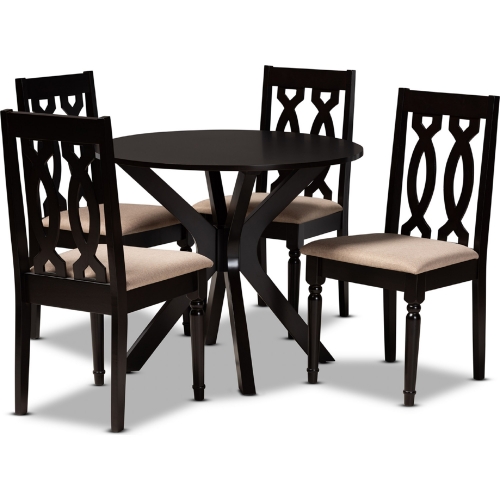 Callie 5 Piece Dining Set in Sand Fabric & Dark Brown Wood