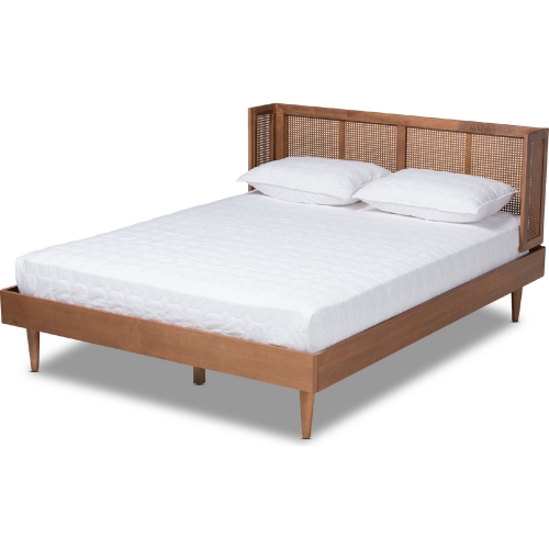 Rina Full Platform Bed w/ Wrap Headboard in Walnut Finish & Poly Rattan