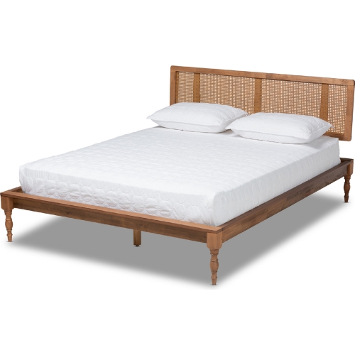 Romy Queen Platform Bed in Ash Walnut Finish Wood & Poly Rattan