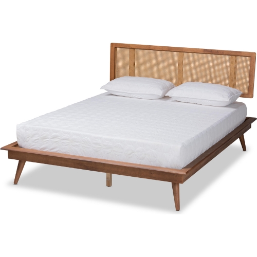 Nura Full Platform Bed in Walnut Finish & Synthetic Rattan