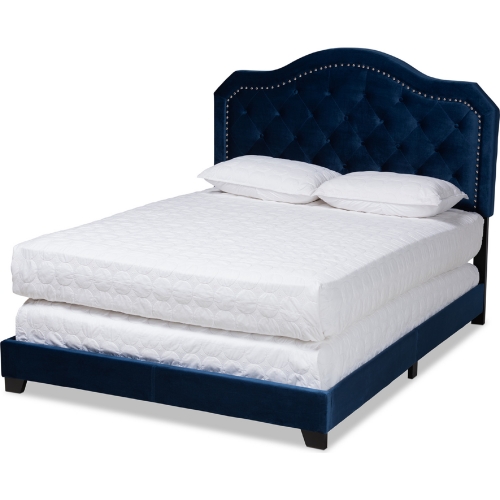 Samantha Queen Bed in Button Tufted Navy Blue Velvet