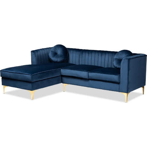 Giselle Sectional Sofa w/ Left Chaise in Navy Blue Velvet & Mirror Gold