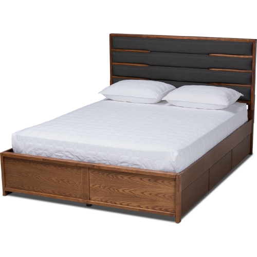 Elin Queen Platform Storage Bed in Dark Gray Fabric & Walnut Finish