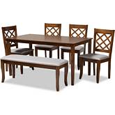 Andor 6 Piece Dining Set in Gray Fabric & Walnut Brown Finish