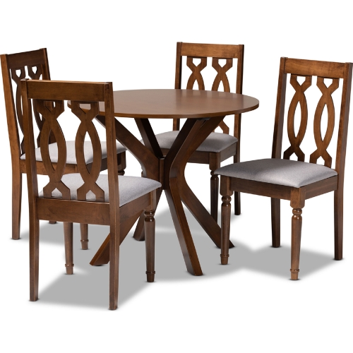 Callie 5 Piece Dining Set in Gray Fabric & Walnut Brown Wood