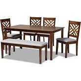 Gustavo 6 Piece Dining Set in Gray Fabric & Walnut Finish Wood