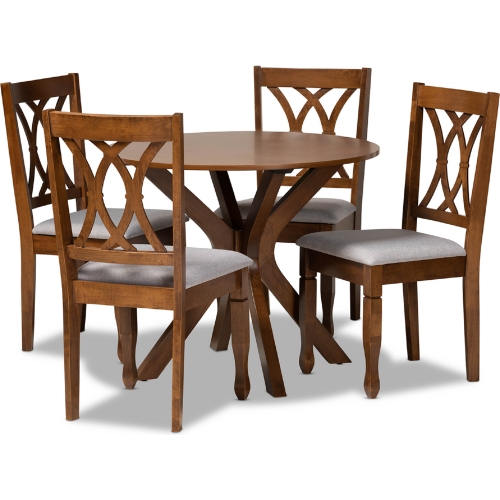 Maya 5 Piece Dining Set in Gray Fabric & Walnut Brown Wood