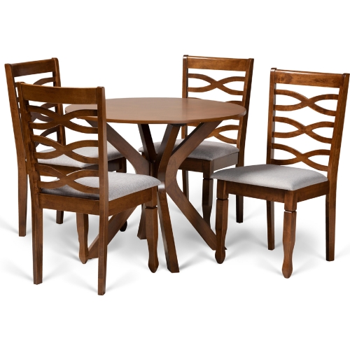 Mila 5 Piece Dining Set in Gray Fabric & Walnut Brown Wood