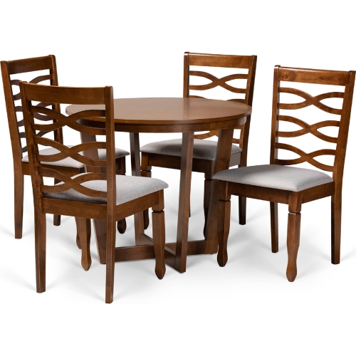 Alicia 5 Piece Dining Set in Gray Fabric & Walnut Brown Wood