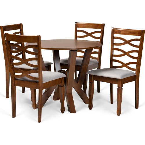 Ariane 5 Piece Dining Set in Gray Fabric & Walnut Brown Finish