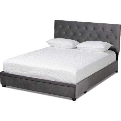 Caronia 2 Drawer King Platform Storage Bed in Tufted Gray Velvet