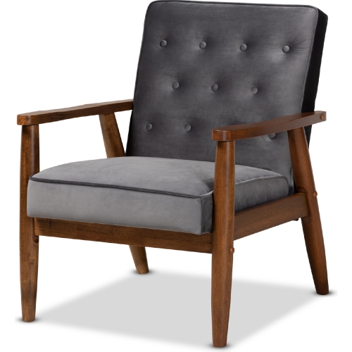 Sorrento Accent Chair in Tufted Gray Velvet & Walnut Finish