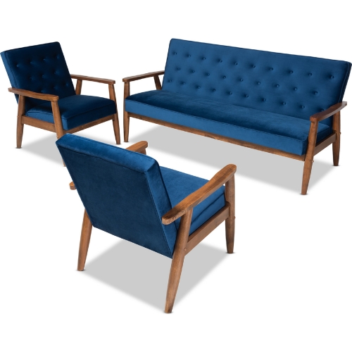 Sorrento Sofa Set in Tufted Navy Blue Velvet & Walnut Finish