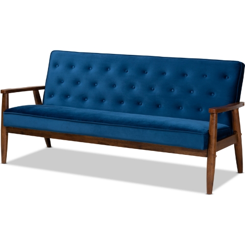 Sorrento Sofa in Tufted Navy Blue Velvet & Walnut Finish