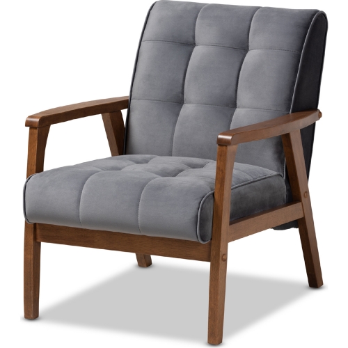 Asta Accent Chair in Tufted Gray Velvet & Walnut Finish Wood