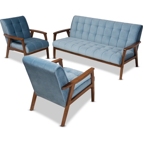 Asta 3 Piece Sofa Set in Tufted Light Blue Velvet & Walnut Finish Wood