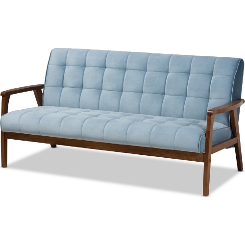 Asta Sofa in Tufted Light Blue Velvet & Walnut Finish Wood