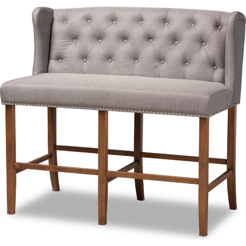 Alira Bar Stool Bench in Tufted Gray Fabric & Walnut Finish Wood