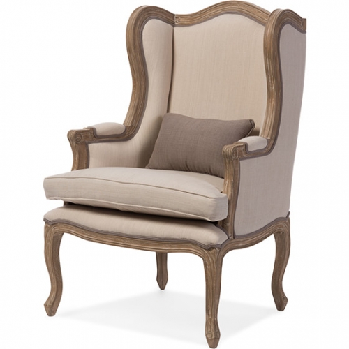 Oreille Accent Chair in Beige Fabric & White Wash