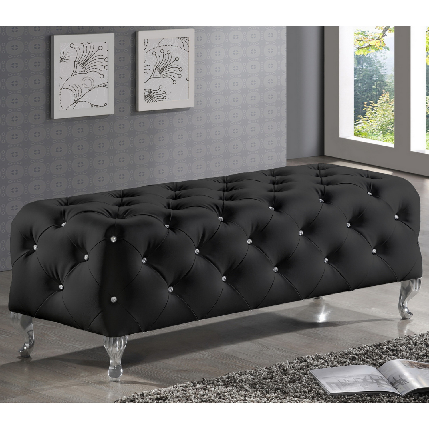 Stella Bench in Crystal Tufted Black Leatherette by Baxton Studio