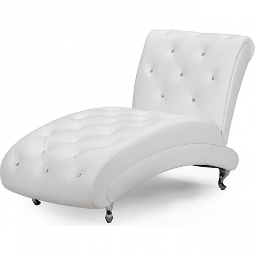 Pease Chaise Lounge Chair in Faux Crystal Button Tufted White Leatherette