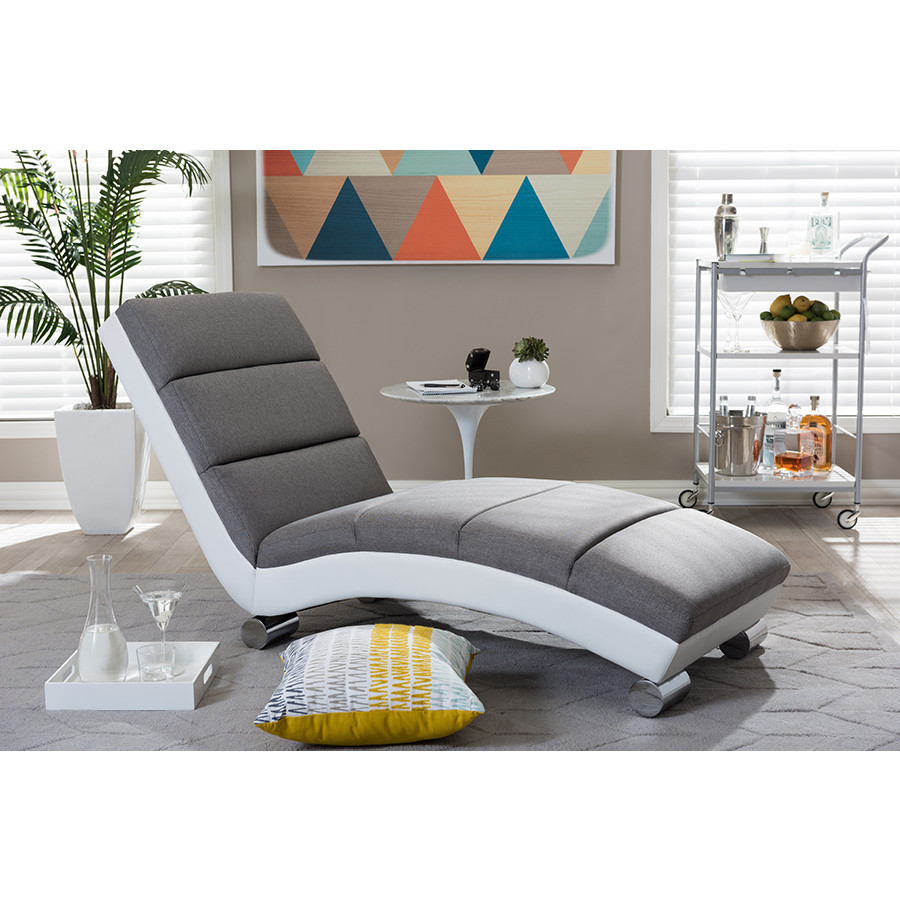 Baxton BBT5194 Grey White Percy Chaise Lounge Chair in Gray Fabric