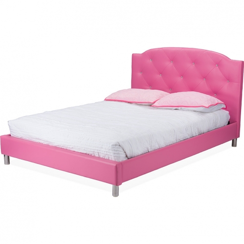 Canterbury Queen Platform Bed in Faux Crystal Tufted Pink Leatherette