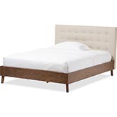 Alinia Queen Platform Bed in Tufted Light Beige Fabric & Walnut Finish