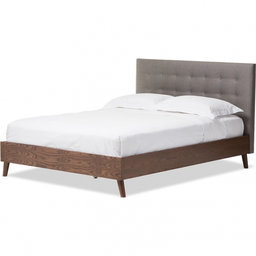 Alinia Queen Platform Bed in Tufted Gray Fabric & Walnut Finish