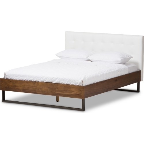 Mitchell Queen Platform Bed in White Leatherette, Walnut & Bronze