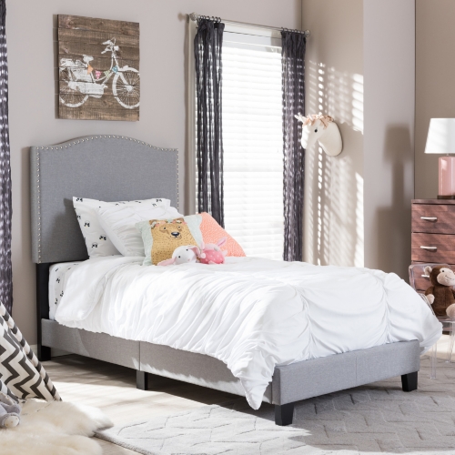 Benjamin Twin Arched Bed in Gray Fabric w/ Nailhead Trim