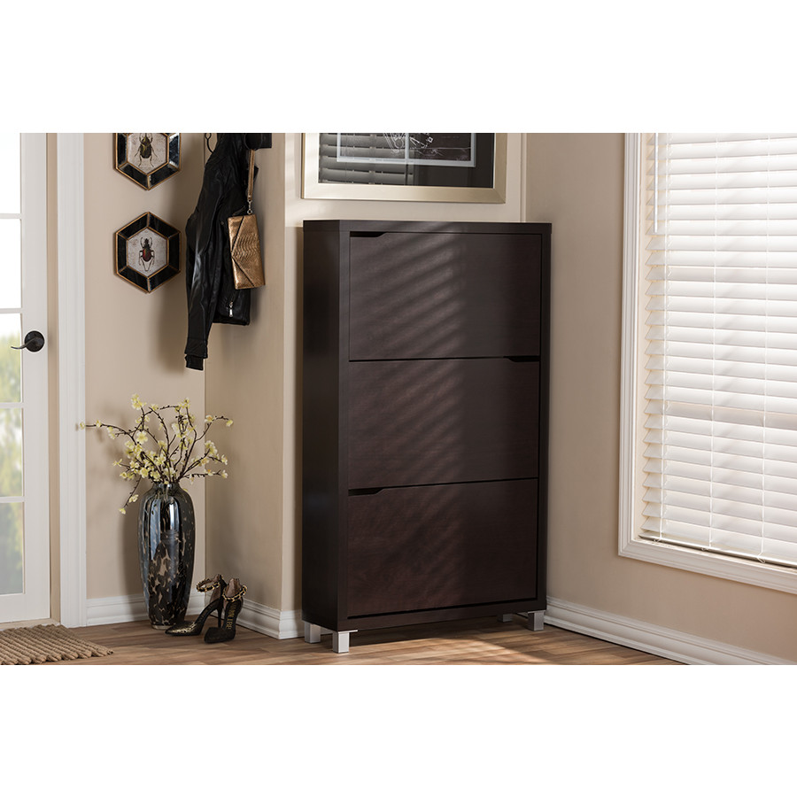 Baxton FP 3OUSH CAPPUCINO Simms Shoe Cabinet in Dark Brown Wood