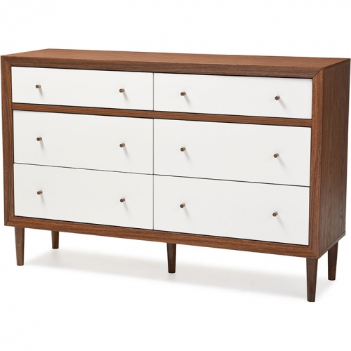 Harlow 6 Drawer Dresser in White & Walnut Finish Wood