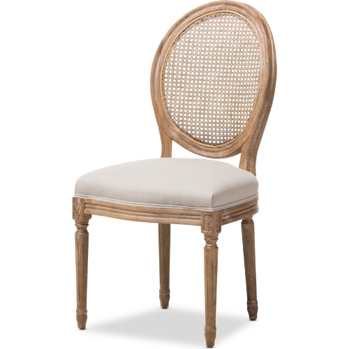 Adelia Dining Chair in Beige Fabric, Cane & Weathered Oak Finish