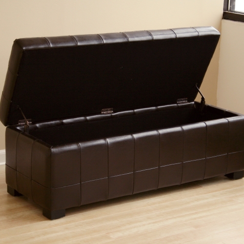 Dark Brown Storage Bench Ottoman with Dimples in Leatherette