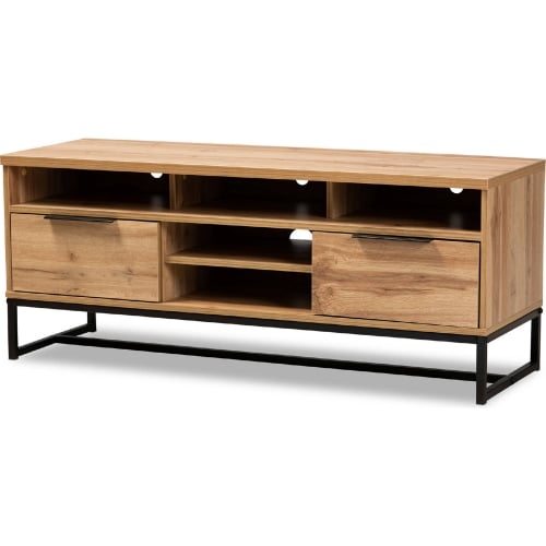 Reid 2 Drawer 47" TV Stand in Oak Finish Wood & Black Metal