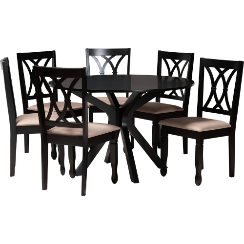 Maya 7 Piece Dining Set in Espresso Brown Wood & Beige Fabric