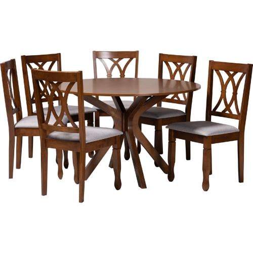 Maya 7 Piece Dining Set in Walnut Brown Finish Wood & Grey Fabric