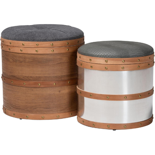 Caleb Storage Ottomans in Gray, Blue, Wood, Metal & Mirror