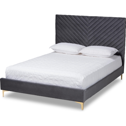 Fabrico Queen Platform Bed in Chevron Tufted Grey Velvet & Gold Metal