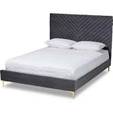 Fabrico Queen Platform Bed in Chevron Tufted Grey Velvet & Gold Metal