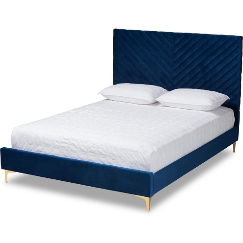 Fabrico Queen Platform Bed in Chevron Tufted Navy Blue Velvet & Gold