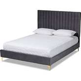 Serrano Full Platform Bed in Channel Tufted Grey Velvet & Gold Metal