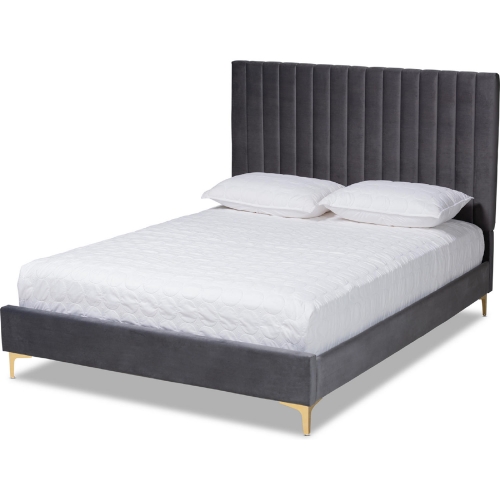 Serrano Queen Platform Bed in Chevron Tufted Grey Velvet & Gold Metal