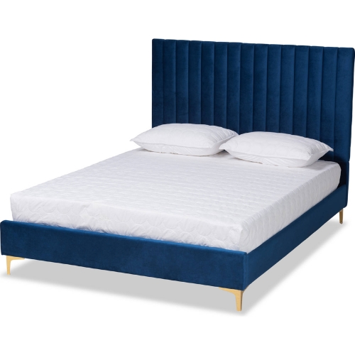 Serrano Full Platform Bed in Channel Tufted Navy Blue Velvet & Gold