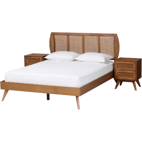 Asami Full 3 Piece Bedroom Set in Walnut Brown Finish Wood & Woven Rattan