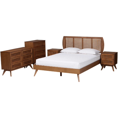 Asami Full 5 Piece Bedroom Set in Walnut Brown Finish Wood & Woven Rattan