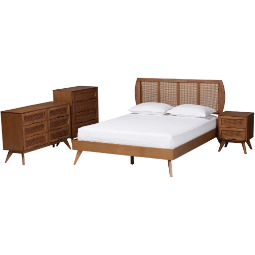 Asami King 4 Piece Bedroom Set in Walnut Brown Finish Wood & Woven Rattan